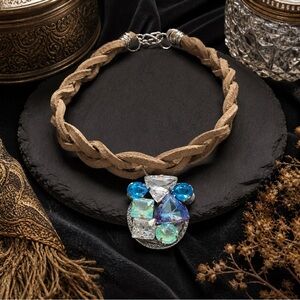Hand Crafted Artisan Blue Crystal Choker Necklace with Braided Tan Leather 16-18